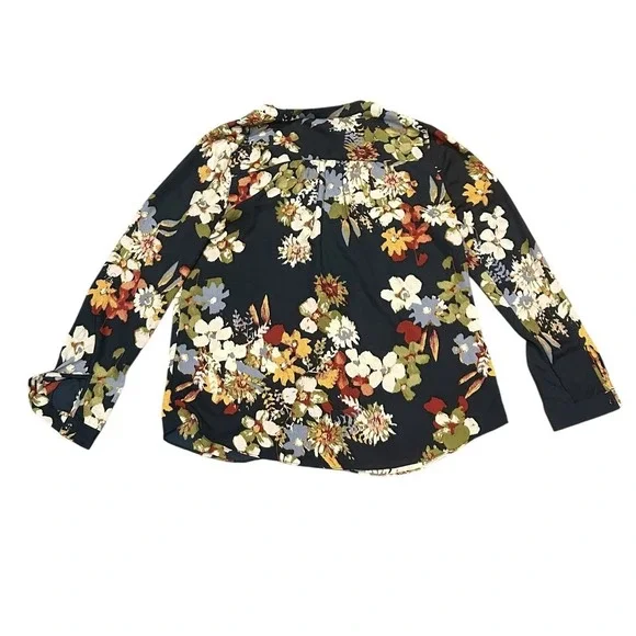 Zac & Rachel Shirt Top M Navy Blue White Green Floral Open Neck Button Dn 3/4 Sl - Picture 4 of 5